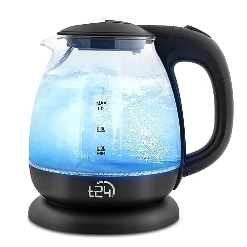 T24 LED Glas Wasserkocher 1,7 Liter mit LED-Beleuchtung, Trockenlaufschutz, BPA frei, 2200W (1Liter)