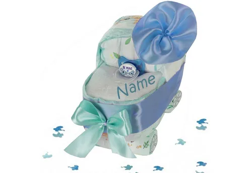 dubistda Windeltorte Windelkinderwagen für Junge blau - Handgefertigte Windeltorte zur Geburt, ideal für Babypartys. Enthält 18 Windeln, einen Markenschnuller und ein personalisiertes Lätzchen. In Geschenkfolie verpackt, schneller Versand!