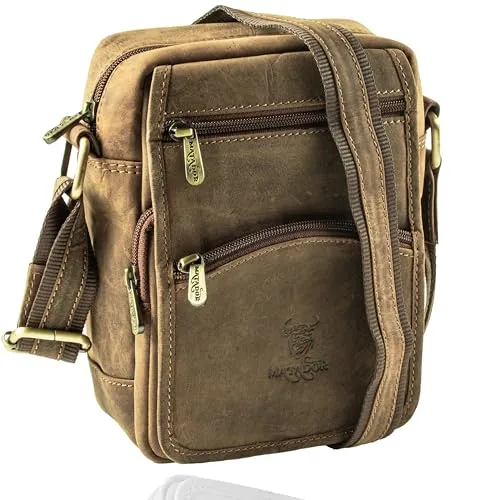 MATADOR Umhängetasche Männer aus Echtleder #AVEIRO, Bequeme Umhängetasche Herren Klein mit vielen Fächern und verstellbarem Tragegurt, Alltagstaugliche Tasche Herren Umhängetasche, Braun Hunter