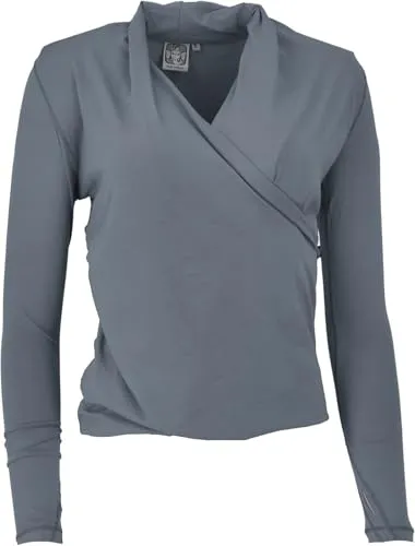 GURU SHOP Langarmshirt im Wickellook mit Daumenloch, Yogashirt aus Bio-Baumwolle - Dunkelgrau, Damen, Size:S