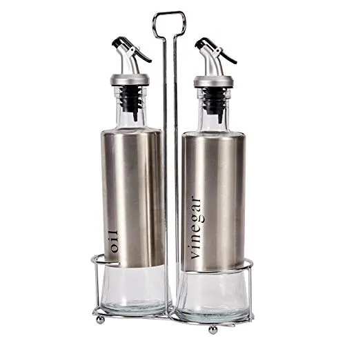 DRULINE 3tlg. Menage Set - Essig Öl - Gewürzständer – 2 x je 300 ml für Essig und Öl - Glas/Edelstahl/Kunststoff - B/H/T ca. 14,5 x 27 x 7,5 cm