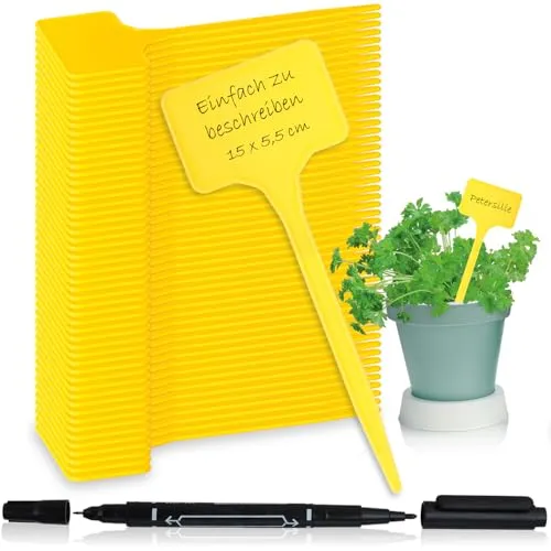 com-four® 50x Pflanzschilder mit Dual-Tip Marker - Steck-Etiketten für Zimmer, Balkon, Garten - Pflanzenstecker zum Beschriften - Anzuchtstecker für Beete, Pflanzkübel 15 cm (50 Stück - gelb - 15cm)