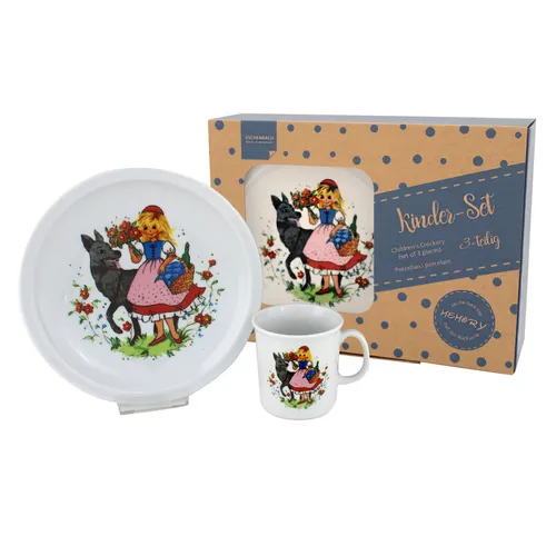 Triptis-Porzellan Rotkäppchen Kindergedeck - 3-teiliges Kindergeschirrset mit Märchenmotiv, spülmaschinen- und mikrowellengeeignet, ideal für kleine Märchenliebhaber