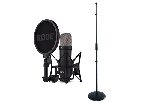 RØDE Mikrofon Rode Studio-Mikrofon NT1 Signature Black mit geradem Mikrofonständer (Analog), Vorteils-Set mit Mikrofonständer