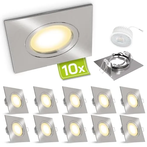 linovum® Decken Einbauleuchten 10er Set flach - Edelstahl Optik - Deckenspots mit nur 36mm Einbautiefe, direkt an 230V anschließbar. Warmweißes Licht (2700K) und 400 Lumen, ideal als Halogenersatz.