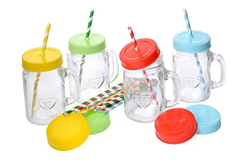 GRÄWE Trinkglas mit Deckel und Strohalm, 4er Pack Trinkgläser mit Schraubverschluss, Henkel, 4 Stück Henkelgläser Set, farbig - 450 ml