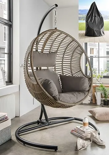 Destiny Coco Deluxe II Hängesessel - Hängesessel aus langlebigem Polyrattan mit robustem Aluminiumrahmen, inklusive zwei bequemen Kissen für höchsten Komfort und Entspannung.