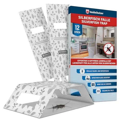 Veddelholzer XXL teilbare Silberfischfalle mit Köder Lockstoff 12 Stück Effektive Klebefallen Silberfische & Papierfische bekämpfen Giftfrei, Geruchlos, Umweltfreundlich, Einfache Anwendung