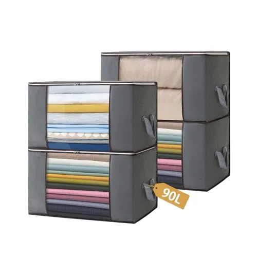 Boic 4 Stück Große Aufbewahrungstasche, 90L Aufbewahrungsbox mit Deckel, Kleideraufbewahrung Umzugskartons, Faltbare Aufbewahrung Boxen für Bettdecken Decken Kleidung Unterbett Kleiderschrank,Grau