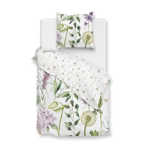 Zo!Home Mako-Satin Bettwäsche 135x200 Dandelion White Pusteblume lila grün Wende