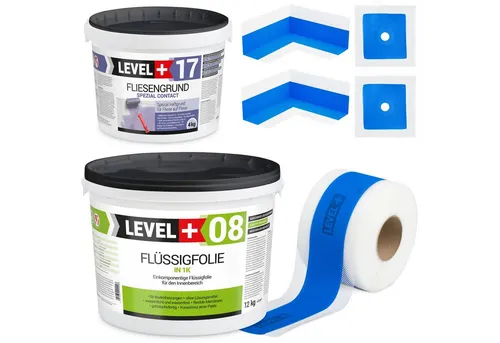 Dichtset Badabdichtung 10m² Dusche Flüssigfolie 12kg - Dichtmaterialien für schimmelresistente und wasserdichte Abdichtung in Badezimmer und Dusche, inklusive Wandmanschetten und Dichtband für eine einfache Anwendung.