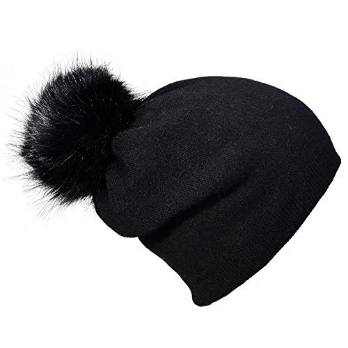 DonDon Damen Winter Bommelmütze mit abnehmbaren Bommel zum Wechseln schwarz