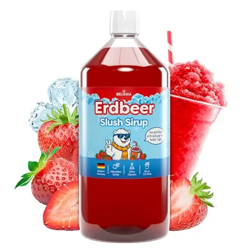 Belissia Slush Eis Sirup 1000ml Konzentrat | Erdbeer Geschmack | sehr ergiebig in knalligen Farben (1:5) für bis zu 6 Liter | Glycerin frei – für Slush-Eis