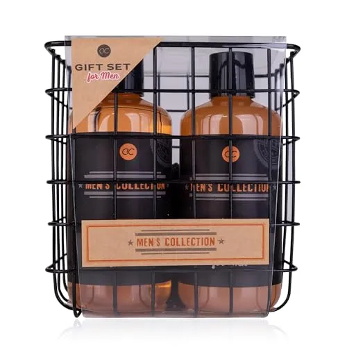Accentra Geschenkset für Männer MEN'S COLLECTION in Drahtkorb, inkl. 300ml Duschgel, 300ml Shampoo, 15g Netzschwamm, Nagelbürste, Duft: Birke & Zeder - braun