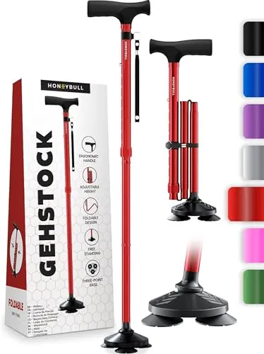 HONEYBULL Selbststehender Gehstock für jedes Gelände – Faltbar, höhenverstellbar, mit ergonomischem Griff & Rutschfester Drehspitze – für Senioren & Erwachsene, Männer & Frauen (Rot)