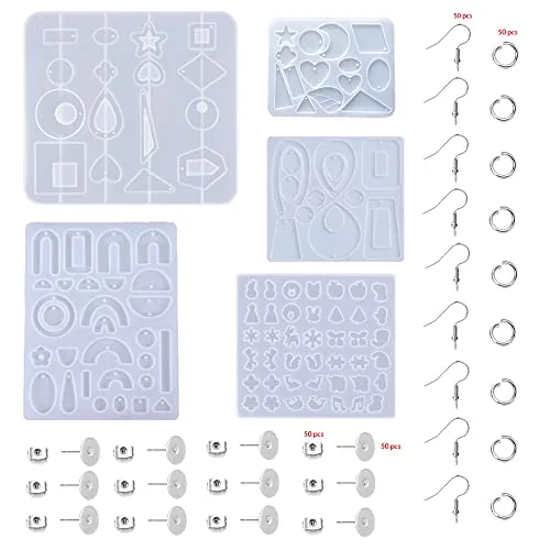 BOSOIRSOU 205 Stück Harz Schmuckformen und Ohrringhaken, Silikon-Anhängerformen Ohrstecker Formen Armband Halskette Schmuckherstellung Kits Epoxid-Gießformen, mit Ohrringhaken Biegering