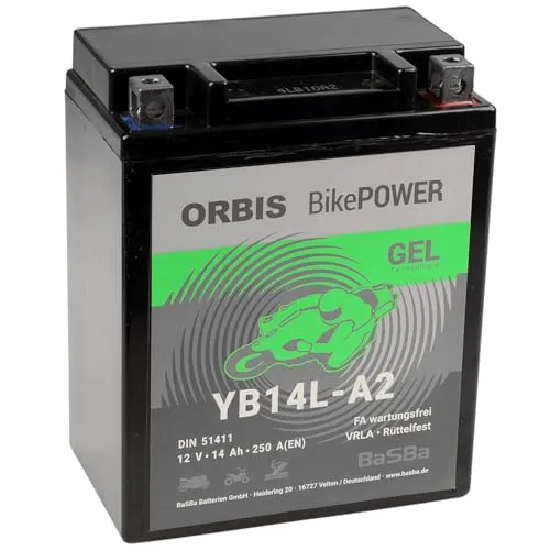 Motorradbatterie 12 V 14 Ah Gel Orbis YB14L‑A2 – auslaufsichere Gelbatterie für Bikes, Roller & ATV, wartungsfrei, robust & vorgeladen | BaSBa 2206