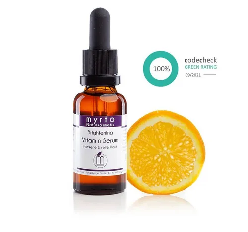 myrto Naturkosmetik Gesichtsserum Brightening Vitamin Serum – für einen ebenmäßigen, strahlenden Teint, Bestbewertung bei Codecheck: 100% EMPFEHLENSWERT (grüner Ring)