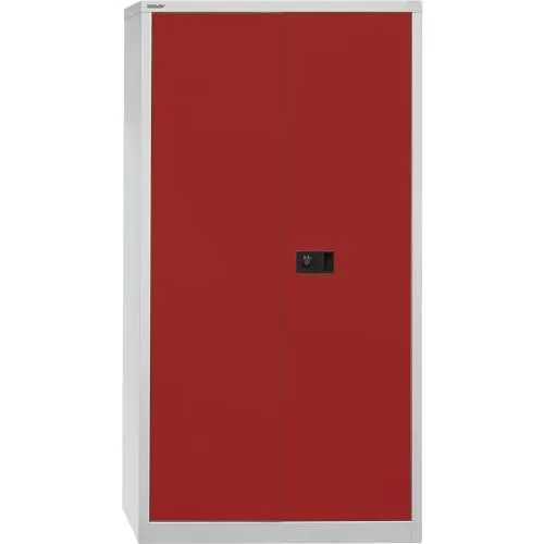 BISLEY Stahlschrank Universal E722A03506 lichtgrau, kardinalrot - Flügeltürenschrank aus robustem Stahl mit 3 Fachböden und hoher Tragkraft (70 kg je Fachboden) – ideal für Werkstätten und Büros, sicher dank Zylinderschloss mit 3-Punkt-Schließung.