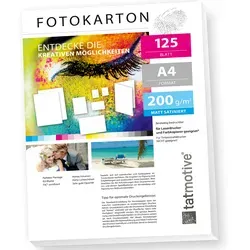 TATMOTIVE FA4200M125 Fotokarton 200g matt weiß - Hochwertiger Fotokarton DIN A4, 200 g/m², ideal für brillante Farbdrucke. Perfekt für Einladungen und Präsentationen, FSC®-zertifiziert und CO2 neutral.