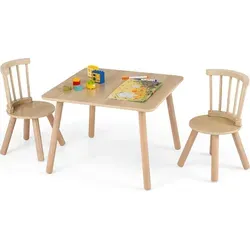 COSTWAY Kinder Tisch Stuhl Set, Kindersitzgruppe mit geschwungenen Spindel-Rückenlehnen, Kindertisch aus Kiefernholz, Maltisch für Kinder ab 3+, ... - Naturbelassen