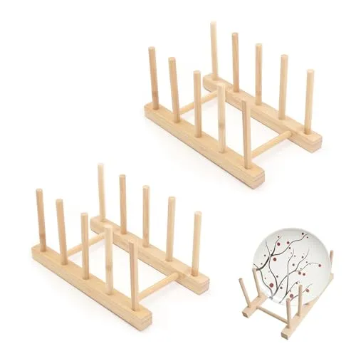 KLVGTIFS 2 Stück Tellerständer, Tellerständer Holz, Abtropfgestell, Geschirrabtropfgestell, Tellerhalter, Tellerregal Halter, Küchenschrank Organizer für Aufbewahrung, Geschirr, Topf Deckel, Buch