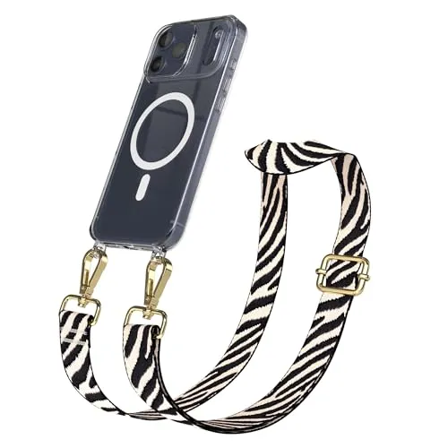 EAZY CASE Handykette - Verstellbares Taschenband kompatibel mit iPhone 17 Pro Max, Schulterriemen, Handykordel mit Silikon Hülle, Qi Charging kompatibel, Umhängetasche, Zebra - Schwarz Beige Gold