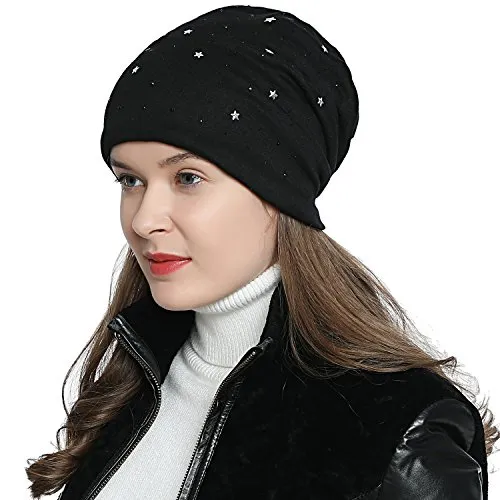 DonDon Mütze Damen Wintermütze Slouch Beanie gefüttert mit schwarzem Strass schwarz