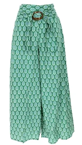 GURU SHOP Luftige Sommerhose mit Kokosschnalle, Boho Palazzohose, Weite Baumwollhose - Grün, Damen, Size:S