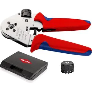 Knipex 97 52 63 Presszange für Gedrehte Kontakte - Crimpzangen mit feinstufiger Pressdruckeinstellung und hoher Crimpqualität. Ideal für lötfreie elektrische Verbindungen, inklusive praktischen Kunststoffkoffer und Positionierhilfe.