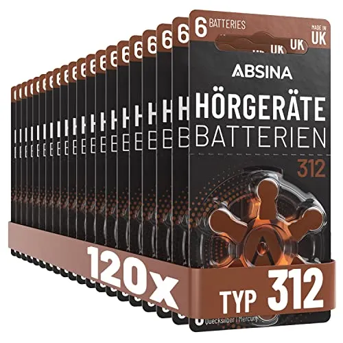 ABSINA Hörgerätebatterien 312 - 120 Stück im Vorratspack - Batterien für Hörgeräte Typ 312, 4 Jahre lagerfähig und auslaufsicher. Ideal für zuverlässige Energieabgabe und Sicherheit Ihres Hörgerätes.