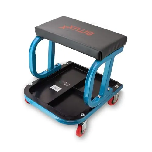 BITUXX® Werkstatthocker mit Rollen - Bürohocker mit stabiler, gepolsterter Sitzfläche, 3 praktischen Werkzeugablagen und leichtgängigen 360° Rollen für flexibles Arbeiten in der Werkstatt.