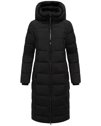 MARIKOO Damen Winter Jacke Stepp Parka Mantel Anorak Winterjacke warm gefüttert Hoher Rippstrickkragen Kapuze Lanitaa XS - 6XL (DE/NL/SE/PL, Alphanumerisch, XS, Regular, Regular, Schwarz)