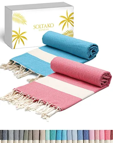 SOLTAKO Strandtuch groß 100x200 Baumwolle Saunatuch Badetuch Hamamtuch Yoga Decke Pestemal Damen Herren Geschenkset extra groß leicht leicht, 100 x 200 cm, Koralle/Aqua