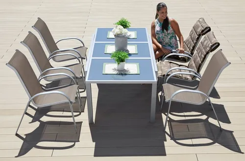 MERXX Garten-Essgruppe Amalfi (7-tlg.) - Essgruppen für 6 Personen, ausziehbarer Tisch von 140 auf 200 cm, pulverbeschichtetes Aluminium und stapelbare Sessel für optimalen Komfort und Platzersparnis.