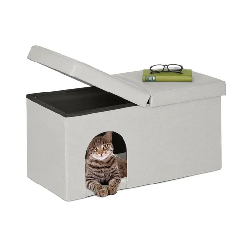 Katzenhöhle 2-in-1 Möbel für Katzen - Kratzbäume & Möbel - Faltbare Kuschelhöhle und Sitzbank in Beige, ideal für gemütliche Rückzugsorte und platzsparend.