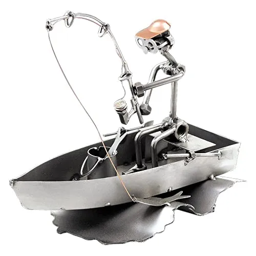 STEEMO Schraubenmännchen Angler Angeln Boot Geschenk Metall-Deko Figur, Stahl, grau 26x17x17 cm