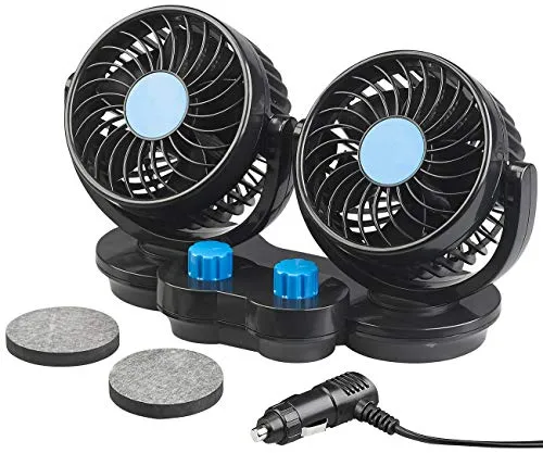 Lescars Ventilator 12 Volt: Doppel-Ventilator für Auto - Kfz-Doppel-Ventilator mit 2 Geschwindigkeitsstufen, drehbaren Köpfen und einfacher Befestigung - ideal für angenehme Frischluft im Auto, Wohnmobil oder Transporter.