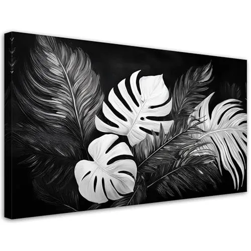 Feeby Bild auf Leinwand - Wandbilder Wohnzimmer Aesthetic - Monstera-Blätter Schwarz und Weiß - 80x40 1tlg - Schlafzimmer Wandekoration - Bilder Zimmer - Living Room - Deko Wandbilder - Moderne Bild