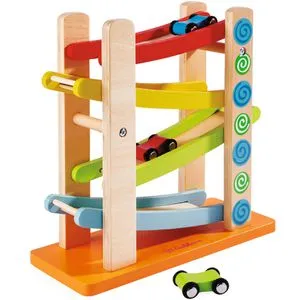 Eichhorn 100002220 - 4-tlg. Autorennbahn aus Birkenholz mit 3 Fahrzeugen, 25x24 cm, Spaß für kleine Rennfahrer!