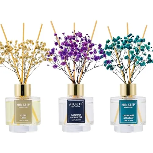 Airkeep Raumduft 50ml x3, Reed Diffuser mit Clean Linen, Ocean Mist & Sea Salt, Lavender Eucalyptus, Raum Duft mit 24 Duftstäbchen, Lufterfrischer für Badezimmer, Wohnung, Heimdekoration