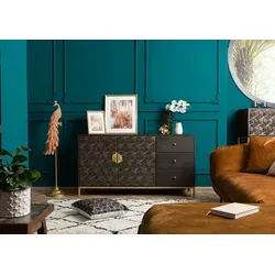 Massivmoebel24 Kommode DIAMOND - Grau geölt mit Gold-Details - Schubladenkommoden der Serie DIAMOND, aus Massivholz und Metall, mit drei Schubladen und zwei Türen. Elegantes Design inspiriert vom Art déco, ideal für stilvolle Wohnräume.