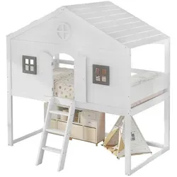 Hausbett,mit Treppe,mit Fallschutz und Gitter,Zwei graue Fenster,Kinderbett mit Fenster,Frei gestaltetes Unterbett,Rahmen aus Kiefer,Kiefer+MDF
