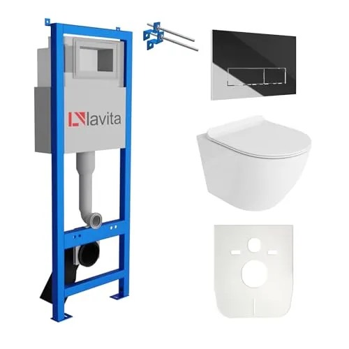 Lavita LAV 101 Vorwandelement für WC 40cm + Wand Hänge Tiefspül WC SOFI SLIM Weiß Spülrandlos + Bedienplatte LAV 200.3.2 Verchromt | Komplettset | Unterputz Spülkasten | Toilette Komplett Sett