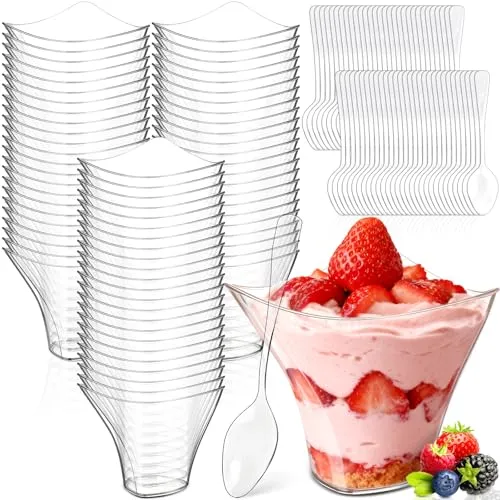 SACBRZZ 60 Stück Dessertgläser Plastik Mit 60 Stück Löffeln, 100ml Dessertbecher Klare Geschwungene Runde, Wiederverwendbar Dessertgläser, Für Zuhause Dessert Pudding Mousse Eiscreme Dessert Party