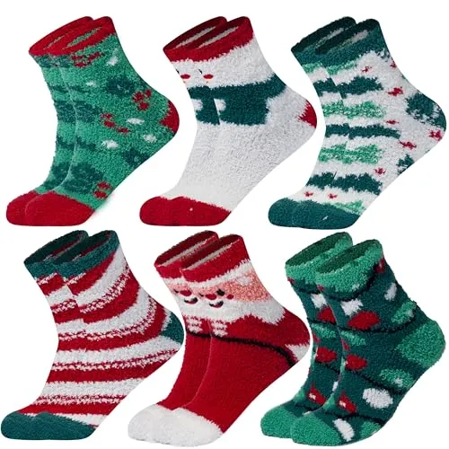 Giggling Getup Kuschelsocken Damen Weihnachtssocken Winter Warme Flauschige Socken Dicke Weiche Thermo Haussocken Bettsocken Xmas Socken Rot Grün Weiß 36-42