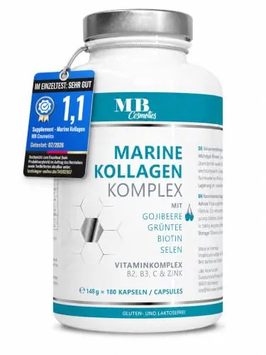 Marine Kollagen Kapseln hochdosiert 1200mg mit Vitamin C, Gojibeere & Grüntee – Collagen Kapseln mit Peptan F aus nachhaltiger Fischzucht mit Biotin, Zink und Selen, schmermetallgeprüft, 90 Tage 180