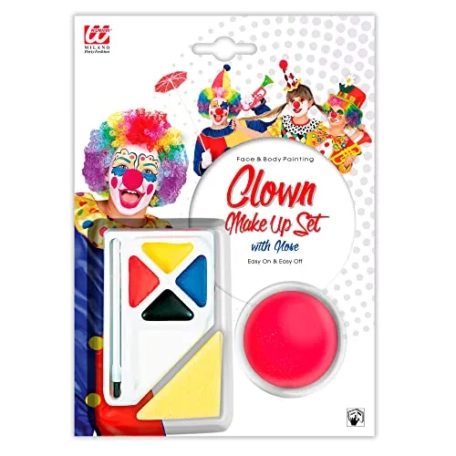 W WIDMANN Milano Party Fashion 4044N - Schminkset Clown, 4 Farben mit 4,5 ml, Pinsel, Nase, Schwämme, Karneval, Mottoparty, Halloween