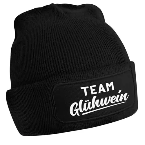 MoonWorks® Damen Beanie mit Patch Strickmütze mit Spruch Team Glühwein Damenmütze Weihnachtsmarkt Outfit schwarz Unisize