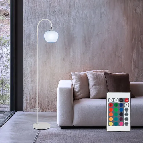 Dimmbar RGB LED Stehleuchte mit Fernbedienung - Stylische Bogenlampe mit 16 RGB-Farben und warmweißem Licht, ideal für Wohnzimmer oder Schlafzimmer. Inkl. Fußschalter und Memory-Funktion für individuelle Lichtgestaltung.